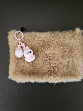 Plush Faux Fur Pouch with Pink Keychains